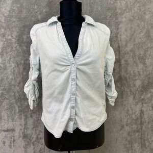 VERONICA BEARD Porta Chambray Pearl Snap Blouse size 4 Light Blue Rushed slv